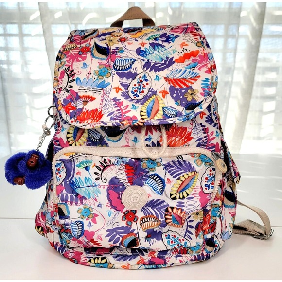 Kipling Ravier City Backpack‎ Floral Feathers Leaves Rainbow Monkey Book Bag 15" - Picture 1 of 16